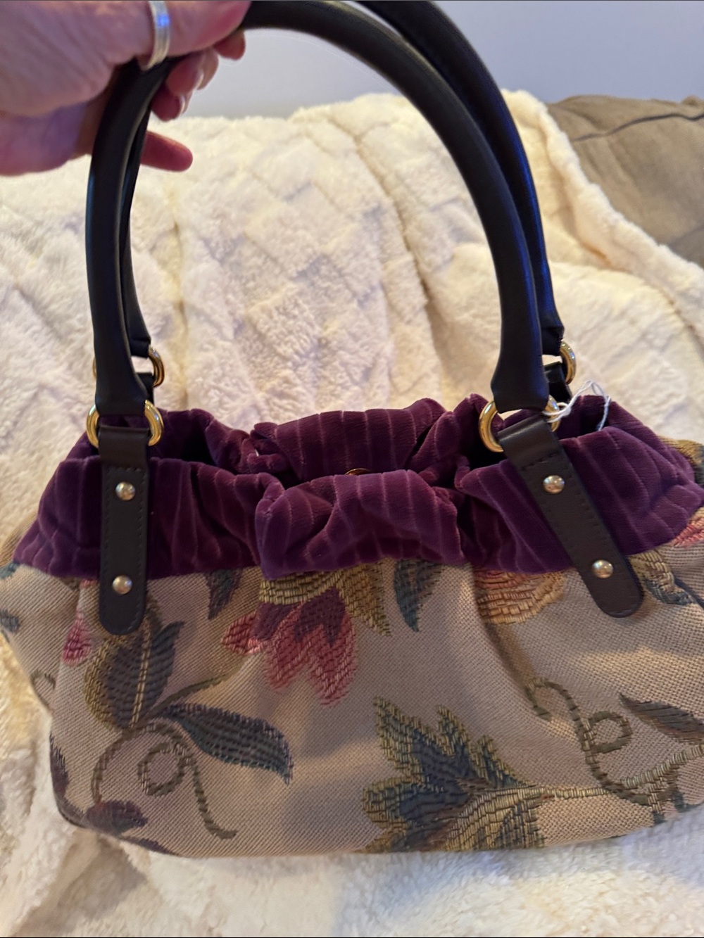 Etro Beige Floral Tapestry Shoulder Bag with Plum Velvet Trim